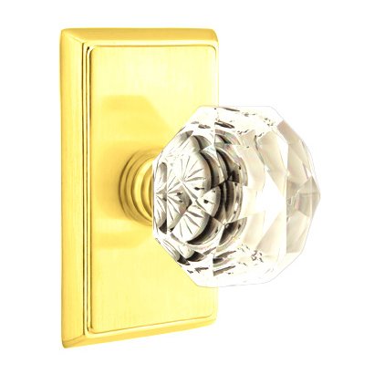 Diamond Privacy Door Knob with Rectangular Rose in Unlacquered Brass