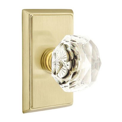 Diamond Privacy Door Knob with Rectangular Rose and Concealed Screws in Satin Brass