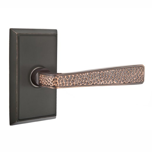 Right Handed Privacy Hammered Door Lever with Rectangular Rose in Oil Rubbed Bronze