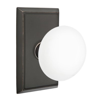 Privacy Ice White Porcelain Knob With Rectangular Rosette in Oil Rubbed Bronze