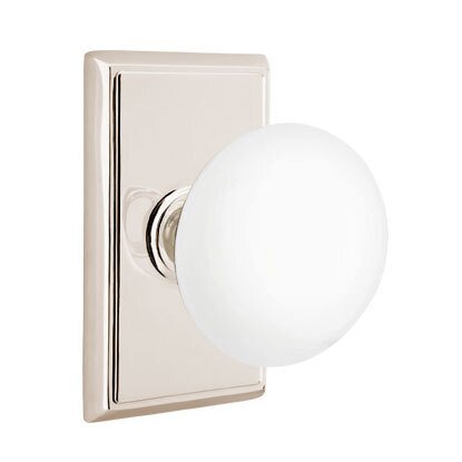Privacy Ice White Porcelain Knob With Rectangular Rosette in Polished Nickel
