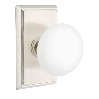 Privacy Ice White Porcelain Knob With Rectangular Rosette in Satin Nickel
