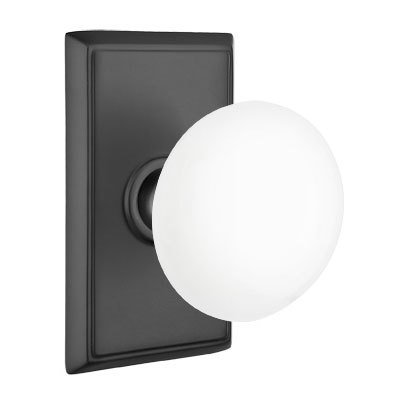 Privacy Ice White Porcelain Knob With Rectangular Rosette in Flat Black