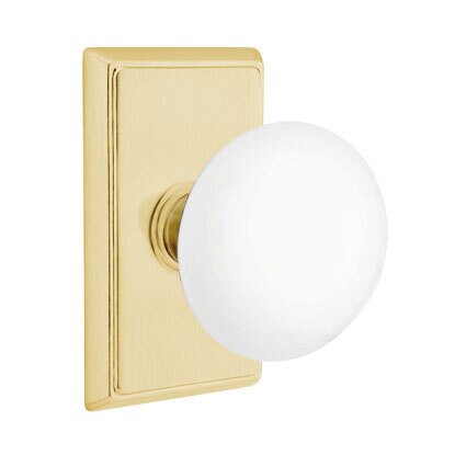 Privacy Ice White Knob And Rectangular Rosette With Concealed Screws in Satin Brass