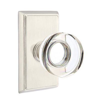 Modern Disc Glass Privacy Door Knob with Rectangular Rose in Satin Nickel
