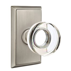 Modern Disc Glass Privacy Door Knob and Rectangular Rose with Concealed Screws in Pewter