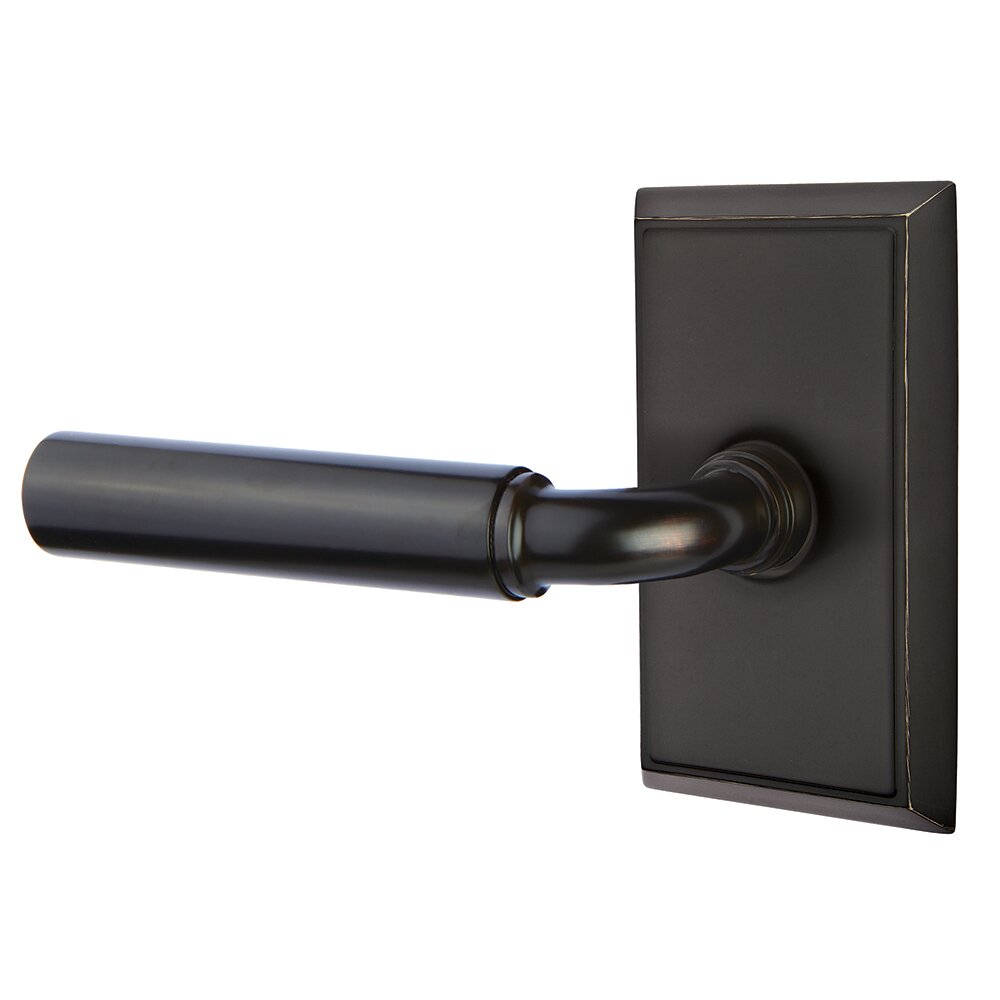 Privacy Left Handed Manning Door Lever With Rectangular Rose in Oil Rubbed Bronze