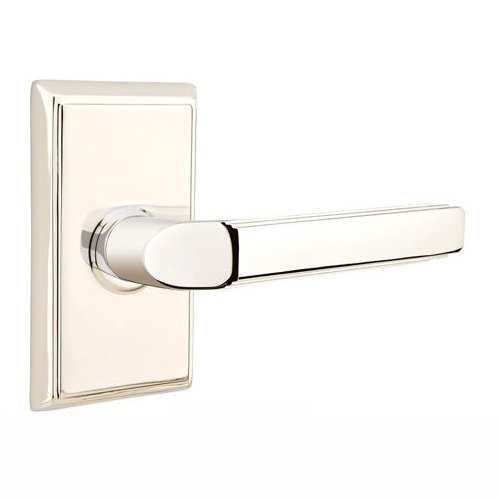 Privacy Right Handed Milano Door Lever With Rectangular Rose in Polished Nickel