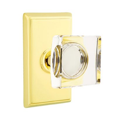 Modern Square Glass Privacy Door Knob with Rectangular Rose in Polished Brass