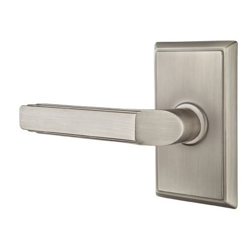 Privacy Left Handed Milano Door Lever With Rectangular Rose in Pewter