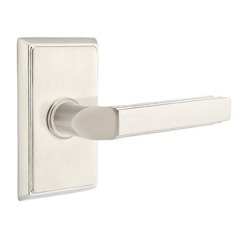 Privacy Right Handed Milano Door Lever With Rectangular Rose in Satin Nickel
