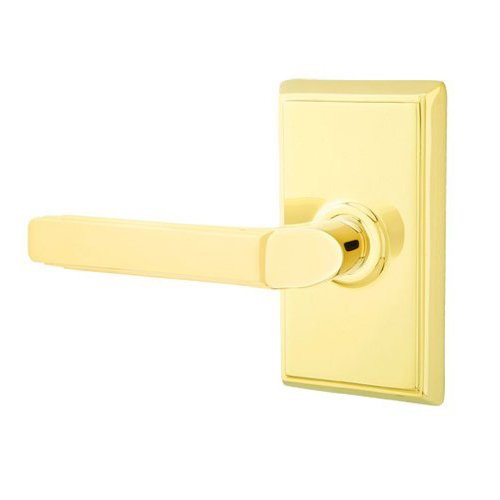 Privacy Left Handed Milano Door Lever With Rectangular Rose in Polished Brass