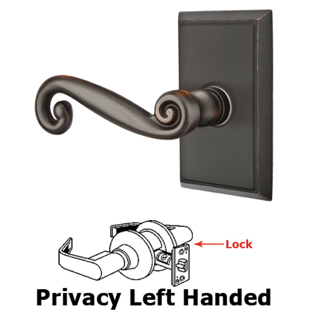 Privacy Left Handed Rustic Door Lever With Rectangular Rose in Oil Rubbed Bronze
