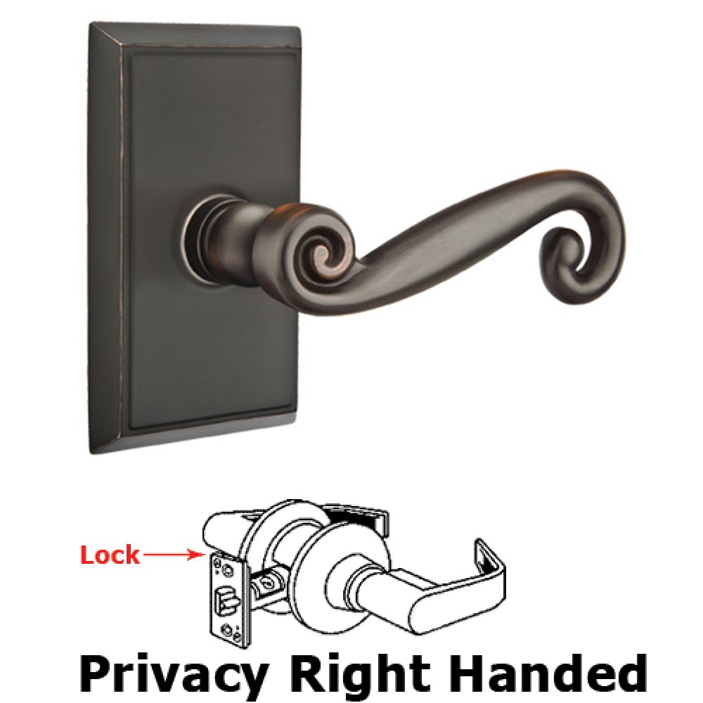 Privacy Right Handed Rustic Door Lever With Rectangular Rose in Oil Rubbed Bronze