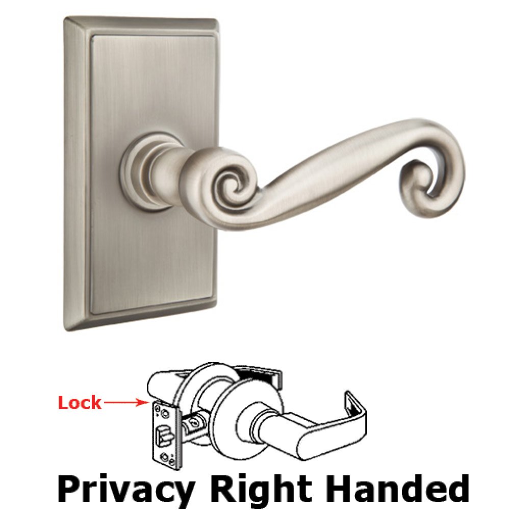 Privacy Right Handed Rustic Door Lever With Rectangular Rose in Pewter