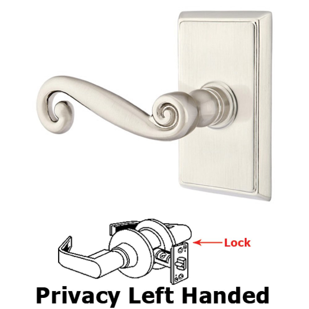 Privacy Left Handed Rustic Door Lever With Rectangular Rose in Satin Nickel