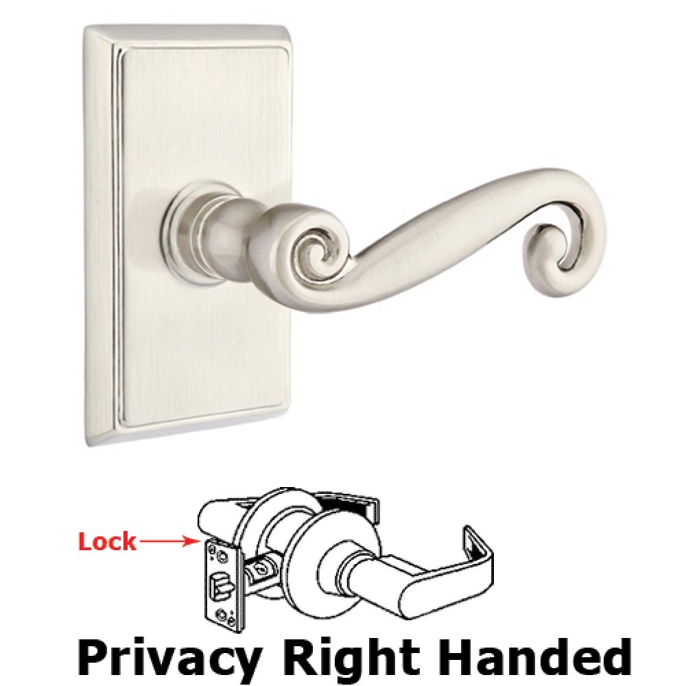 Privacy Right Handed Rustic Door Lever With Rectangular Rose in Satin Nickel