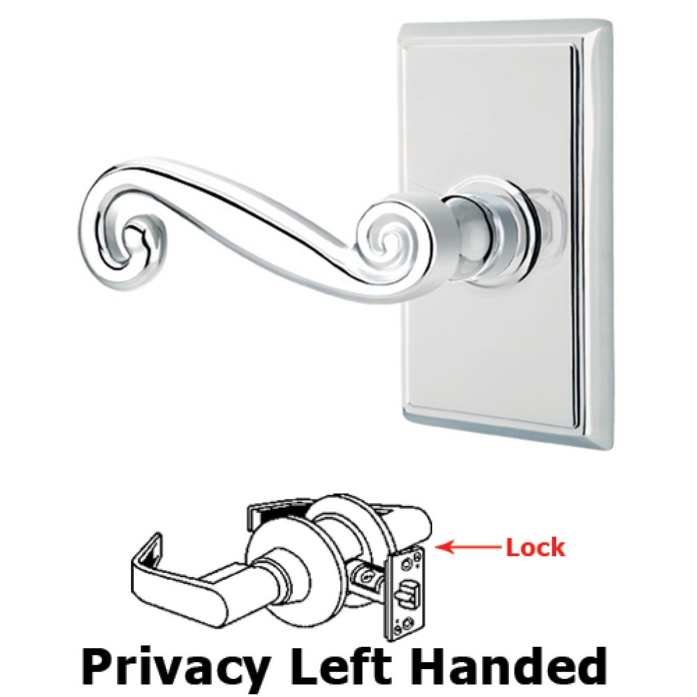 Privacy Left Handed Rustic Door Lever With Rectangular Rose in Polished Chrome