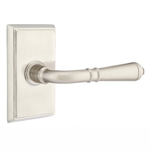 Privacy Right Handed Turino Door Lever With Rectangular Rose in Satin Nickel