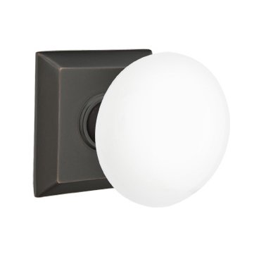 Privacy Ice White Porcelain Knob With Quincy Rosette in Oil Rubbed Bronze