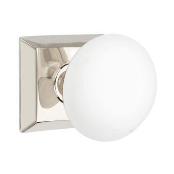 Privacy Ice White Knob And Quincy Rosette With Concealed Screws in Polished Nickel