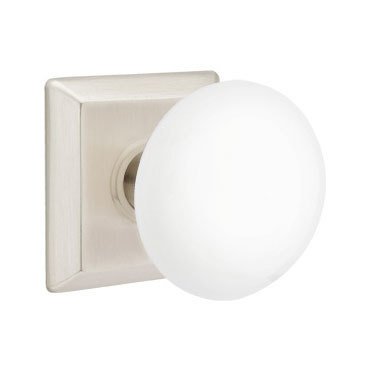 Privacy Ice White Porcelain Knob With Quincy Rosette in Satin Nickel