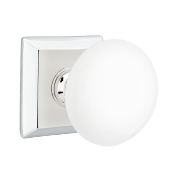 Privacy Ice White Porcelain Knob With Quincy Rosette in Polished Chrome