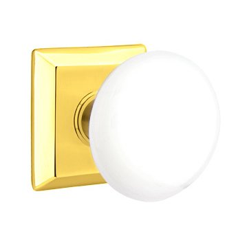Privacy Ice White Knob And Quincy Rosette With Concealed Screws in Polished Brass
