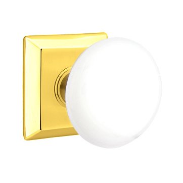 Privacy Ice White Porcelain Knob With Quincy Rosette in Unlacquered Brass