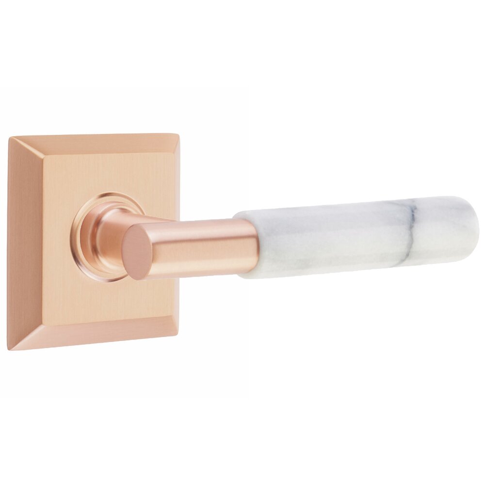 Privacy White Marble Right Handed Lever With T-Bar Stem And Quincy Rose In Satin Rose Gold