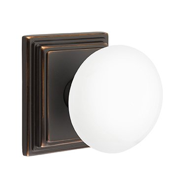Privacy Ice White Porcelain Knob With Wilshire Rosette in Oil Rubbed Bronze