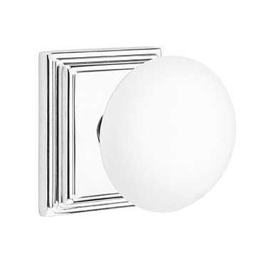 Privacy Ice White Porcelain Knob With Wilshire Rosette in Polished Chrome