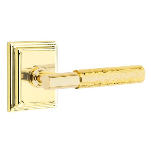Privacy Hammered Right Handed Lever with T-Bar Stem and Wilshire Rose in Unlacquered Brass