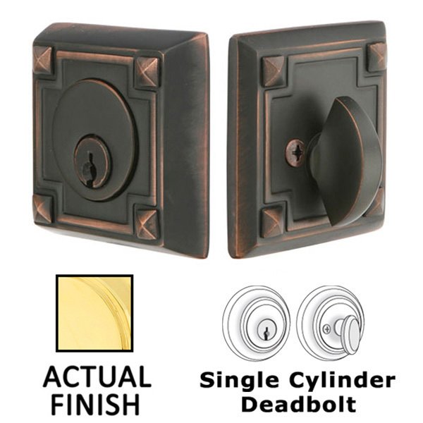 Arts and Crafts Single Cylinder Deadbolt in Unlacquered Brass