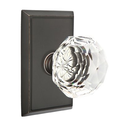 Single Dummy Diamond Door Knob with Rectangular Rose in Oil Rubbed Bronze