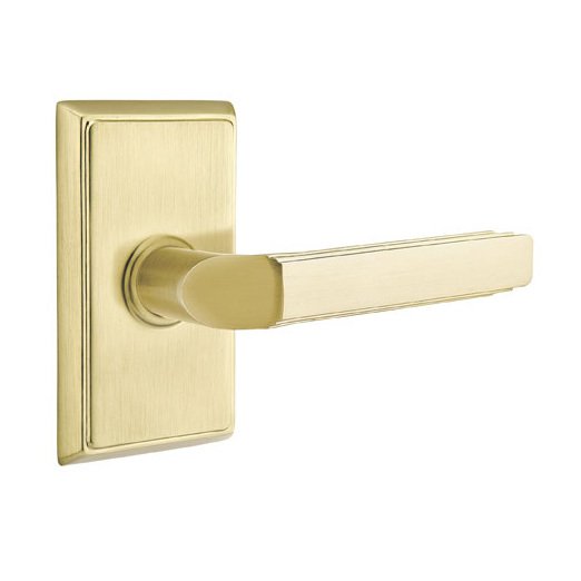 Single Dummy Right Handed Milano Door Lever With Rectangular Rose in Satin Brass