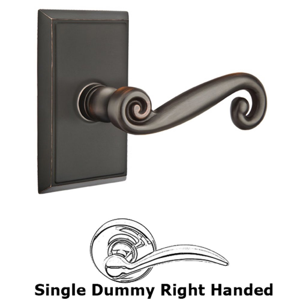 Single Dummy Right Handed Rustic Door Lever With Rectangular Rose in Oil Rubbed Bronze