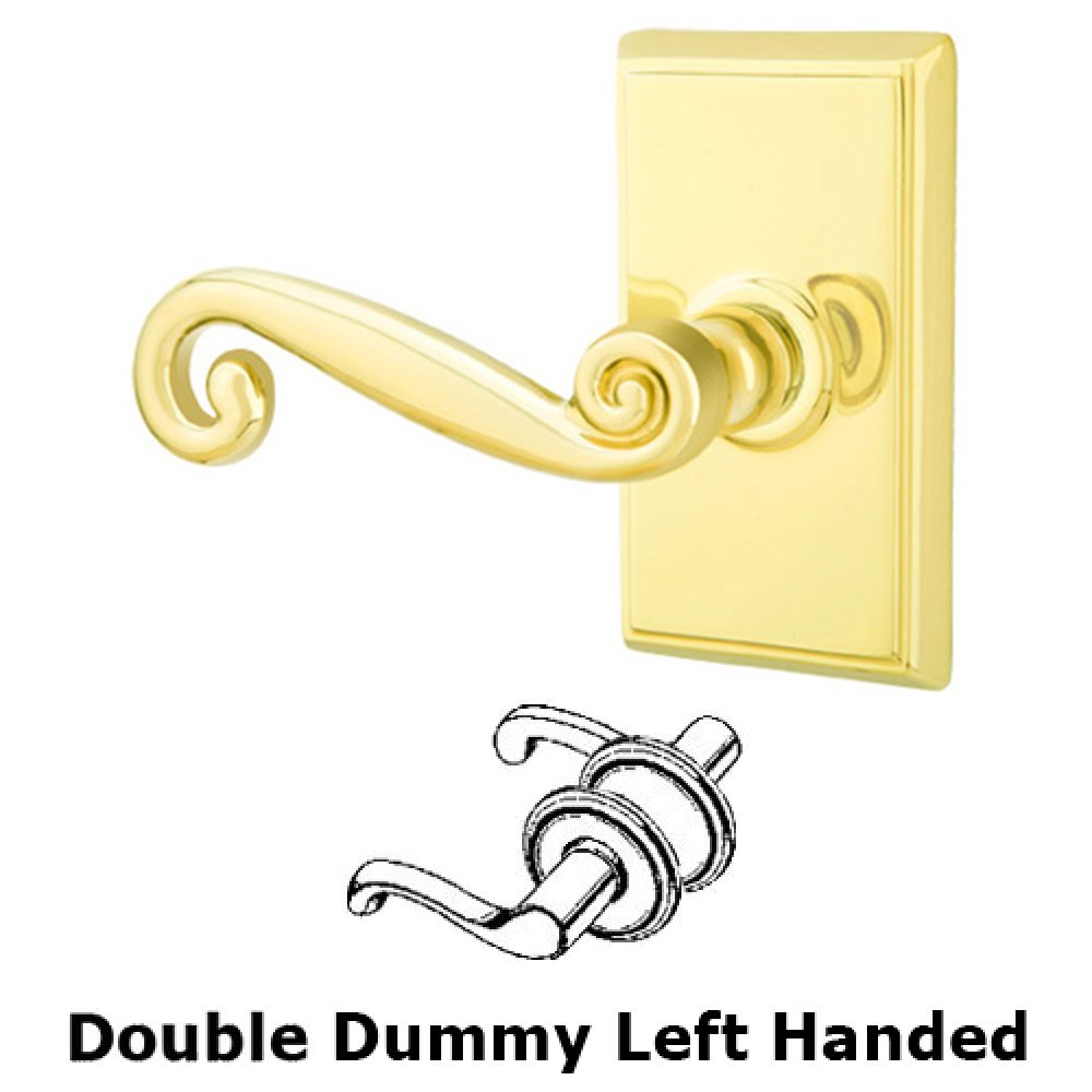 Double Dummy Left Handed Rustic Door Lever With Rectangular Rose in Unlacquered Brass
