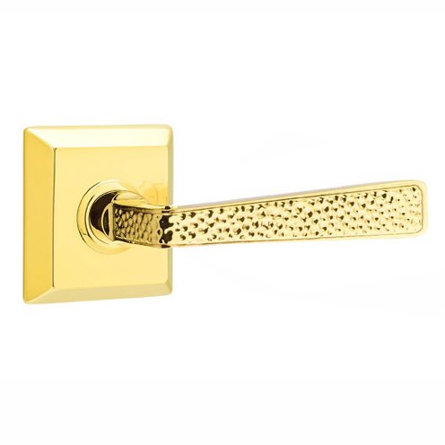Right Handed Single Dummy  Hammered Door Lever with Quincy Rose in Unlacquered Brass