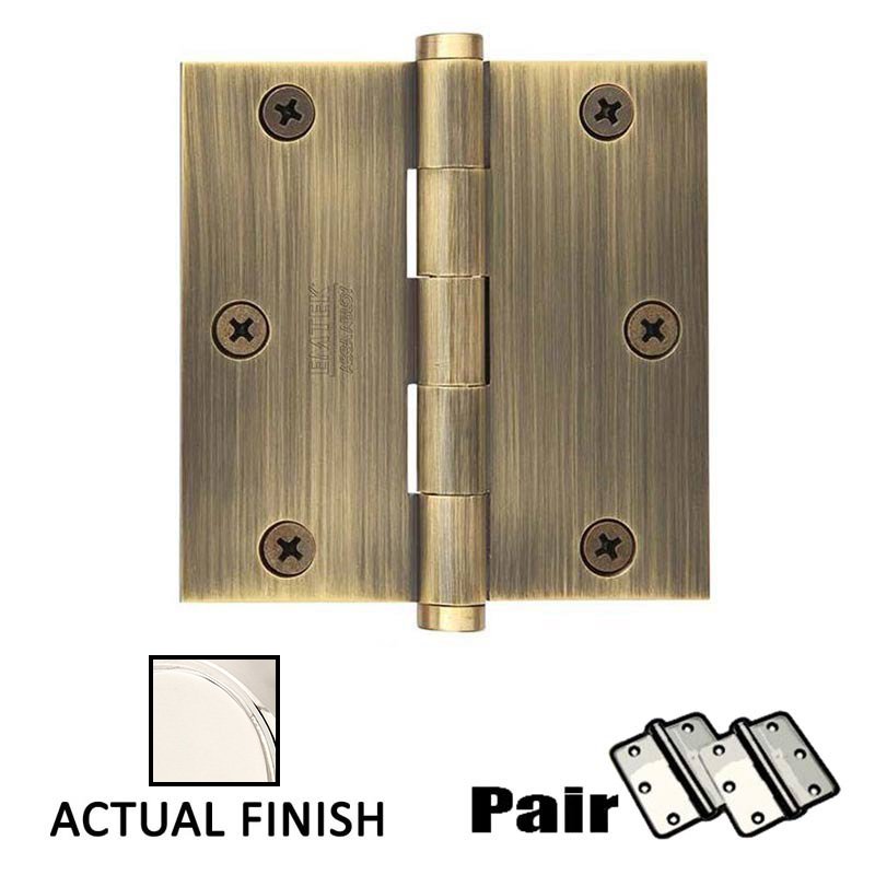 3-1/2" X 3-1/2" Square Steel Residential Duty Hinge in Polished Nickel (Sold In Pairs)