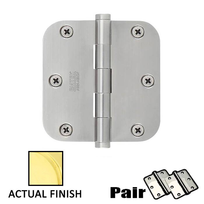3-1/2" X 3-1/2" 5/8" Radius Steel Residential Duty Hinge in Polished Brass (Sold In Pairs)