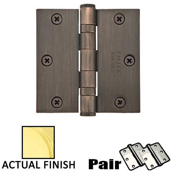 3-1/2" X 3-1/2" Square Heavy Duty Steel Ball Bearing Hinge in Polished Brass (Sold In Pairs)