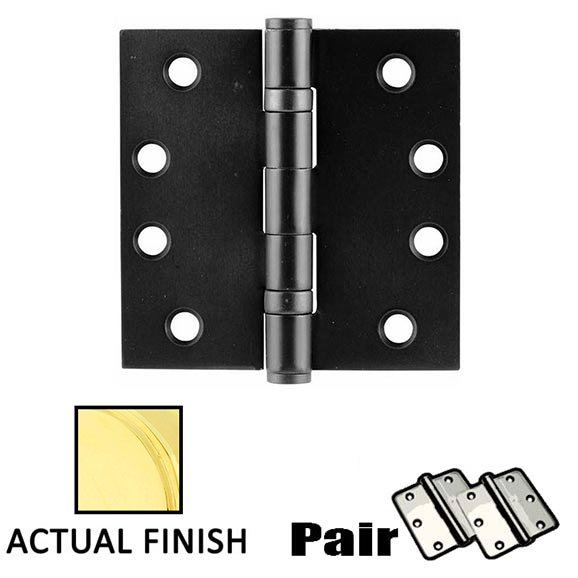 4" X 4" Square Steel Heavy Duty Ball Bearing Hinge in Polished Brass (Sold In Pairs)