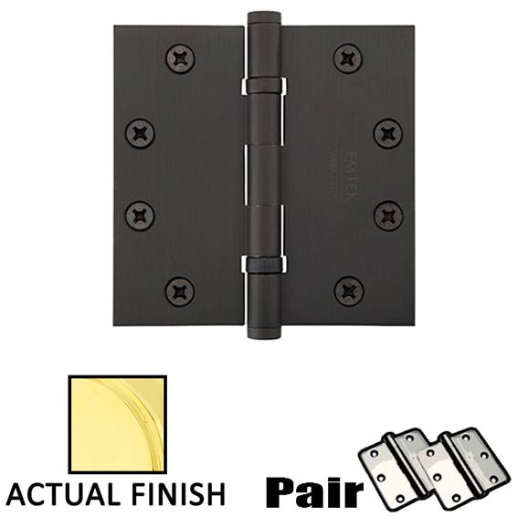 4-1/2" X 4-1/2" Square Steel Heavy Duty Ball Bearing Hinge in Polished Brass (Sold In Pairs)