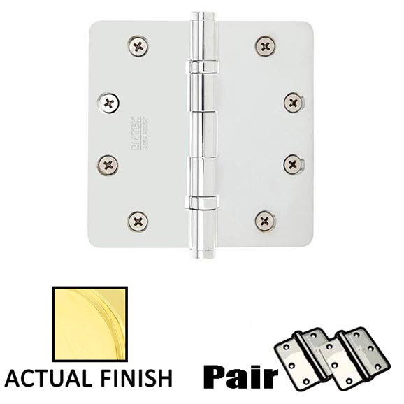 4" X 4" 1/4" Radius Steel Heavy Duty Ball Bearing Hinge in Polished Brass (Sold In Pairs)