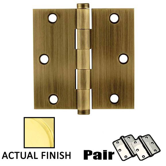 3-1/2" X 3-1/2" Square Solid Brass Residential Duty Hinge in Unlacquered Brass (Sold In Pairs)