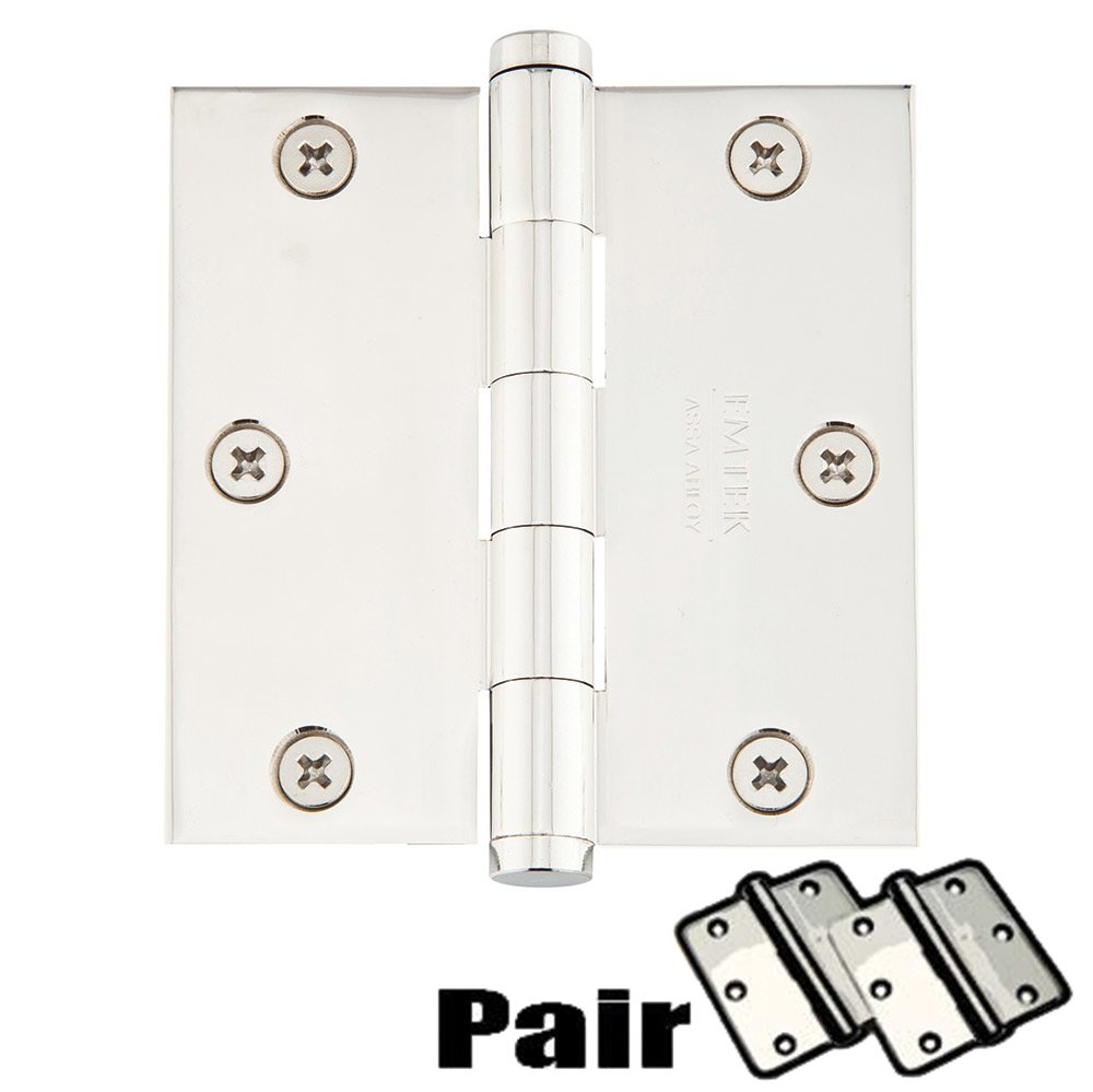 3-1/2" X 3-1/2" Square Solid Brass Residential Duty Hinge in Polished Nickel (Sold In Pairs)