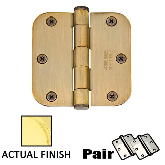 3-1/2" X 3-1/2" 5/8" Radius Solid Brass Residential Duty Hinge in Unlacquered Brass (Sold In Pairs)