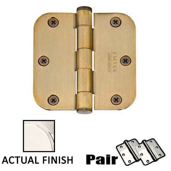 3-1/2" X 3-1/2" 5/8" Radius Solid Brass Residential Duty Hinge in Polished Nickel (Sold In Pairs)