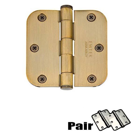3-1/2" X 3-1/2" 5/8" Radius Solid Brass Residential Duty Hinge in French Antique Brass (Sold In Pairs)